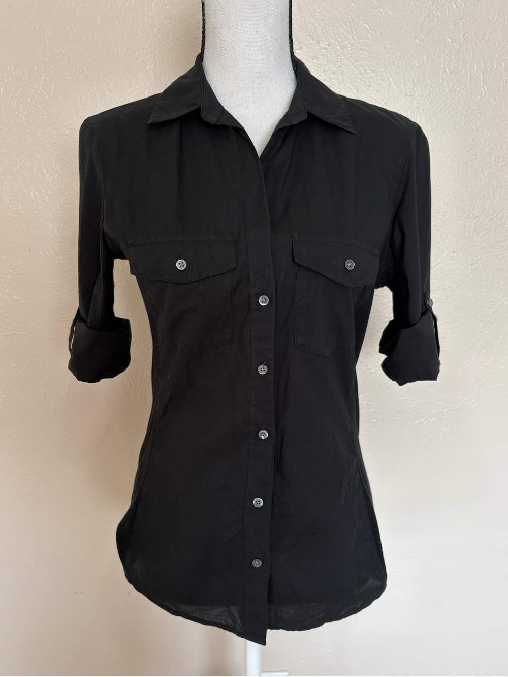James Perse Women's Black Shirt Button-Down Side Ribbed Contrast